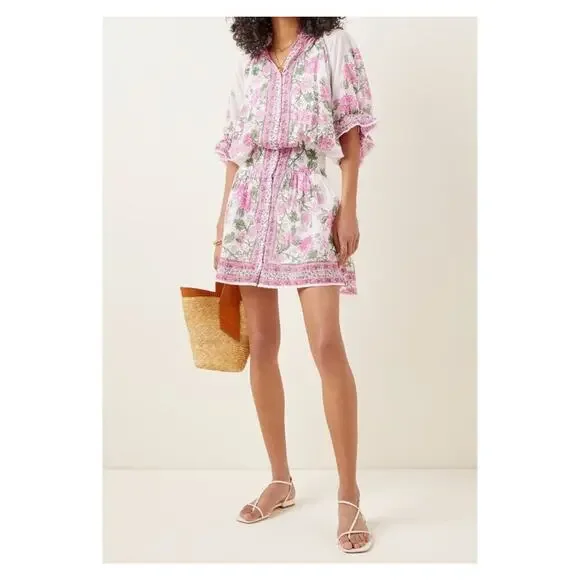 Juliet Dunn Blouson Mini Dress With Pink Floral Rose Print Cotton Tuckernuck - Picture 2 of 15